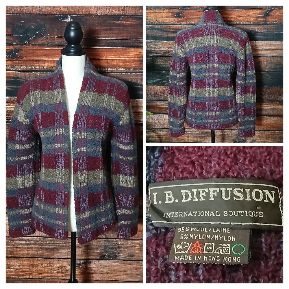 I.B. Diffusion Vintage 80s Cardigan Sweater Size M Wool Plaid Open Front